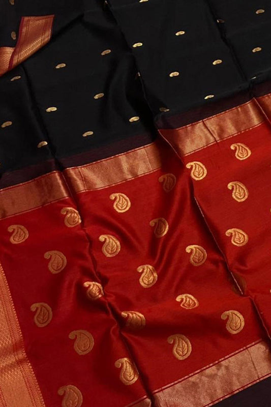 Black And Red Maheshwari Handloom Cotton Silk Saree - Luxurion World