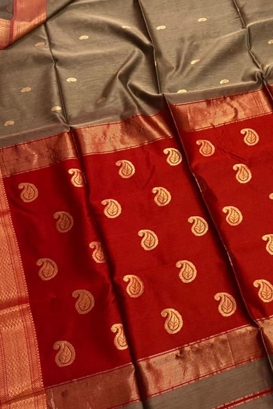 Pastel And Red Maheshwari Handloom Cotton Silk Saree - Luxurion World
