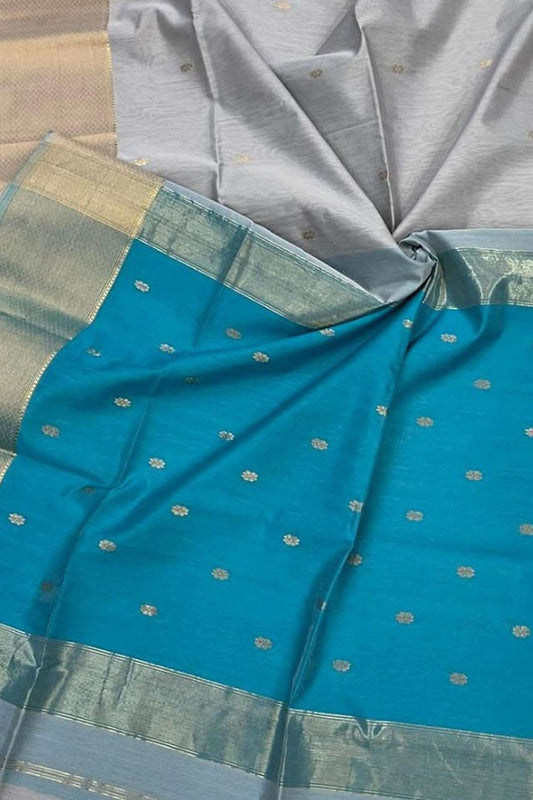 Elegant Grey & Blue Maheshwari Saree