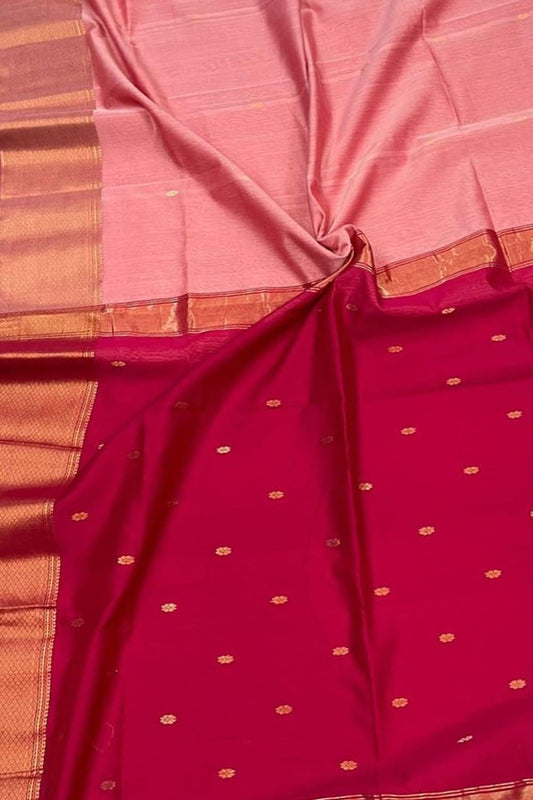 Stunning Pink Maheshwari Cotton Silk Saree - Luxurion World