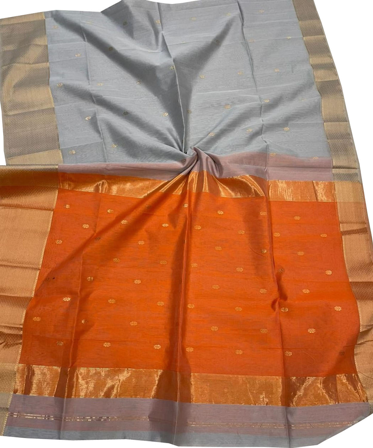 Elegant Grey & Orange Maheshwari Silk Saree - Luxurion World