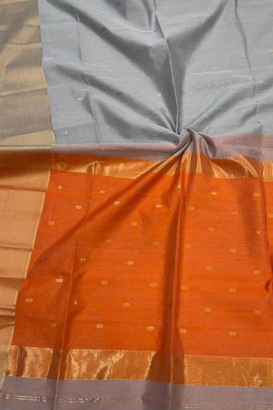 Elegant Grey & Orange Maheshwari Silk Saree