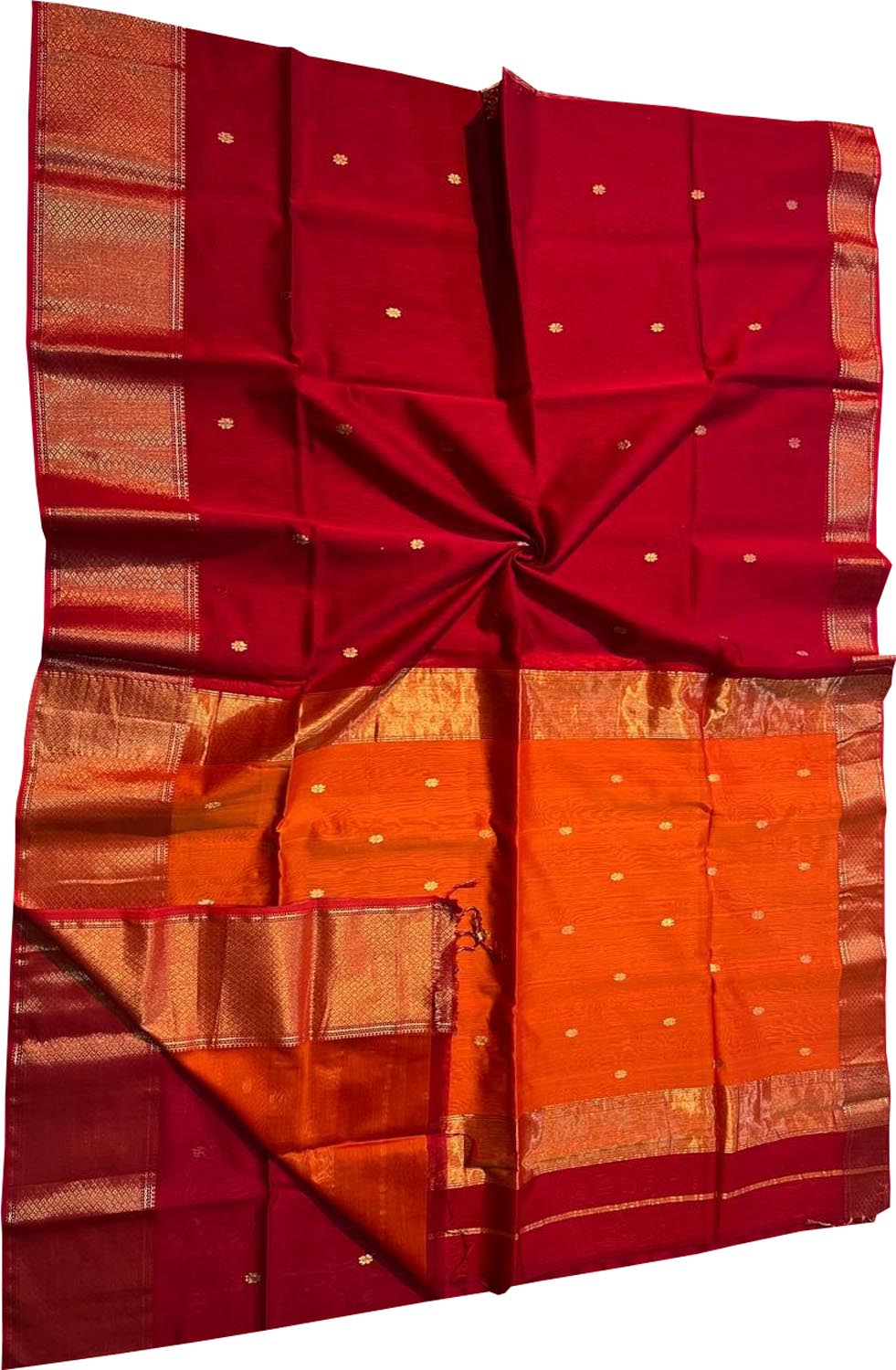 Vibrant Red & Orange Maheshwari Silk Saree - Luxurion World