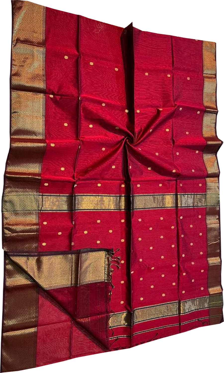 Stunning Red Handloom Maheshwari Saree - Cotton Silk - Luxurion World