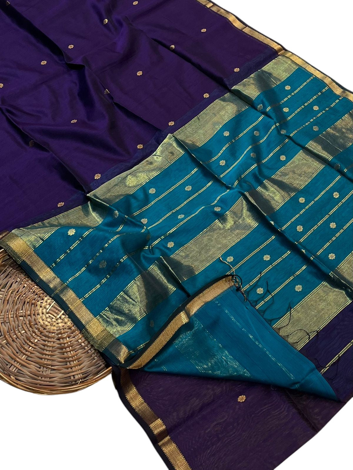 Blue Handloom Maheshwari Cotton Silk Saree - Luxurion World