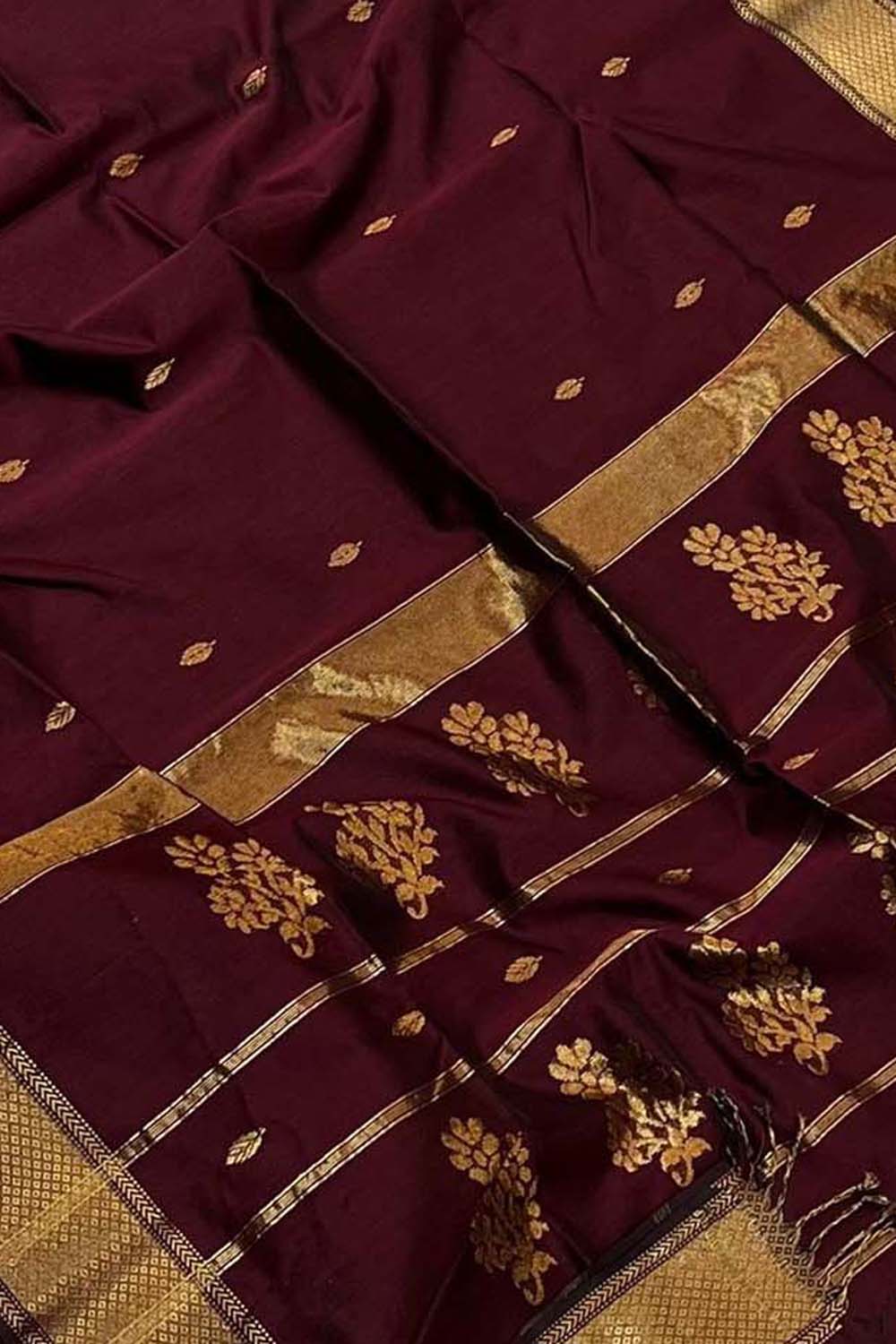 Maroon Handloom Maheshwari Cotton Silk Saree
