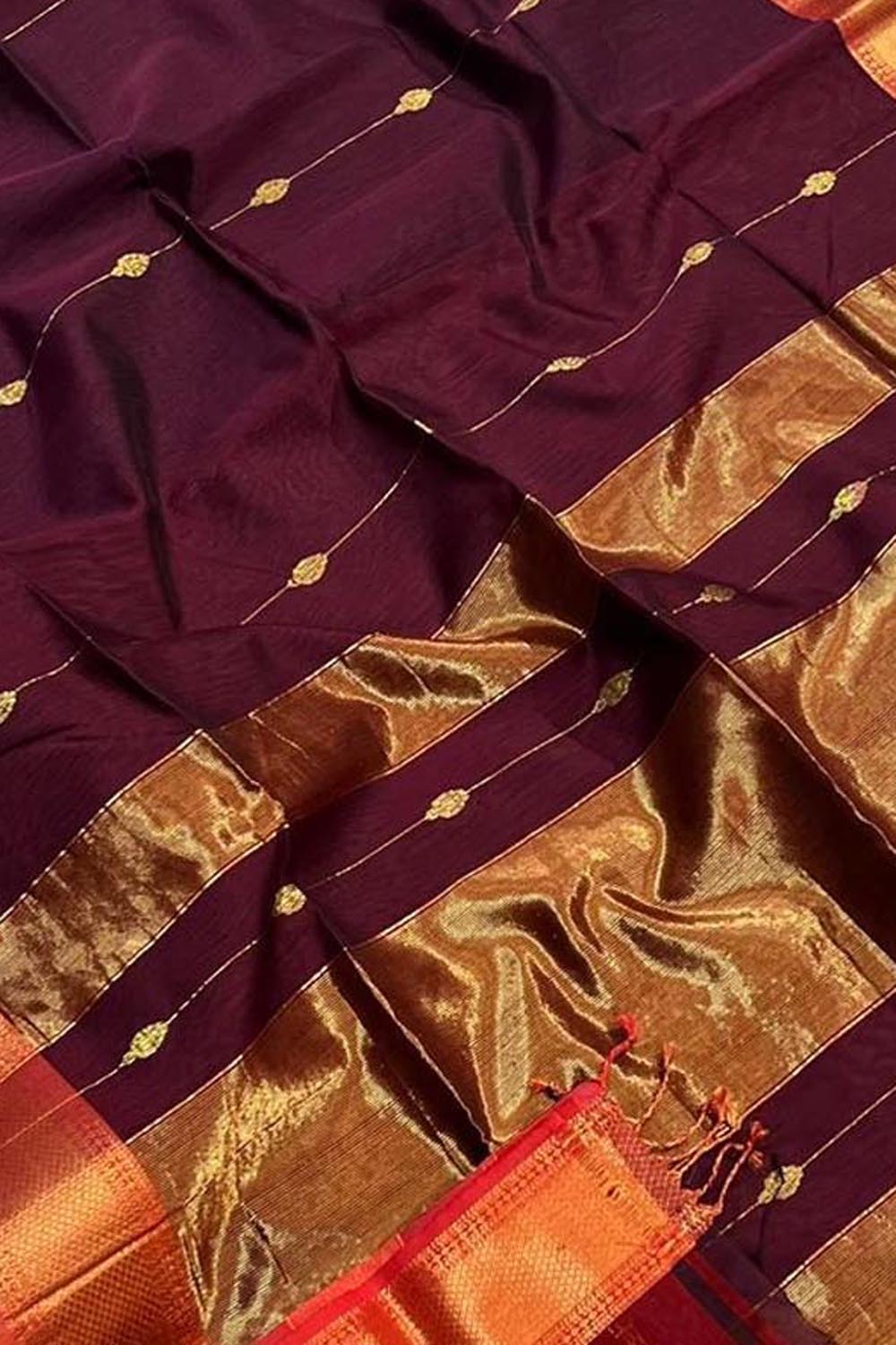 Maroon Handloom Maheshwari Cotton Silk Saree