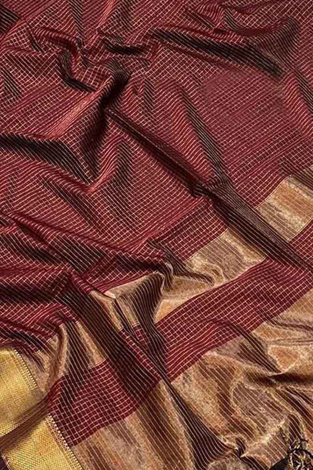 Maroon Maheshwari Cotton Silk Saree — Ribbed Weave, Ethnic Festive