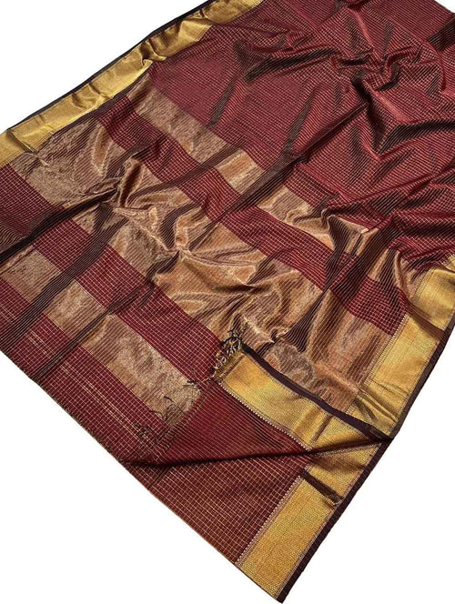 Maroon Maheshwari Cotton Silk Saree — Ribbed Weave, Ethnic Festive