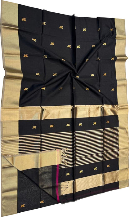 Elegant Black Maheshwari Cotton Silk Saree - Luxurion World