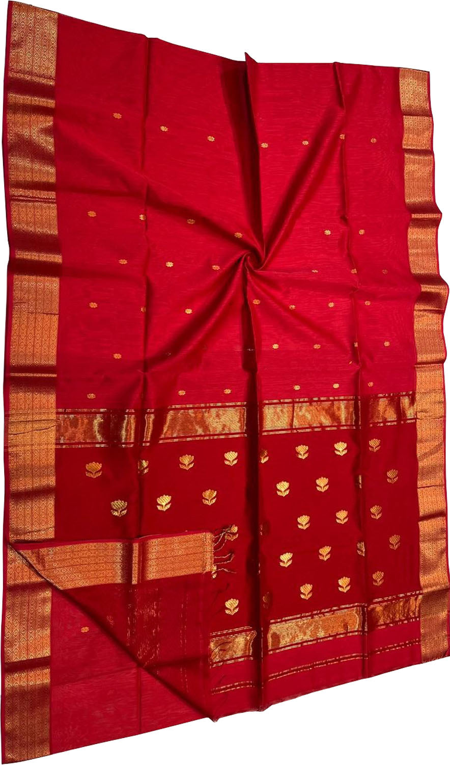 Stunning Red Maheshwari Silk Saree - Handloom Cotton - Luxurion World