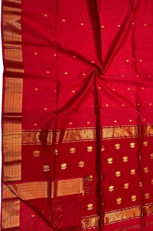 Stunning Red Maheshwari Silk Saree - Handloom Cotton - Luxurion World