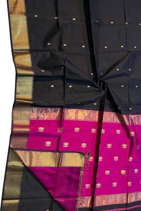 Stunning Black Maheshwari Silk Saree - Handloom Beauty - Luxurion World