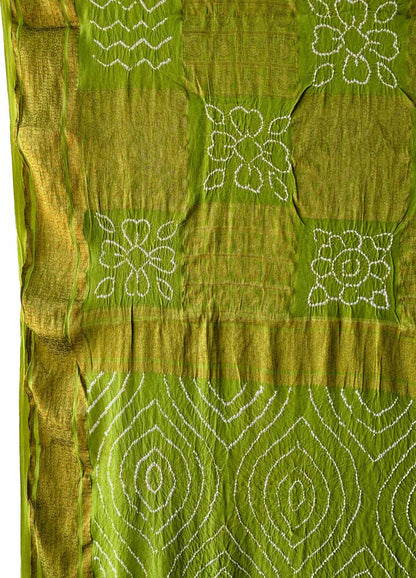 Green Exclusive Pure Mysore Silk Crepe Saree With Hand Bandhej Pallu And Blouse - Luxurion World