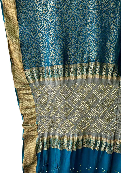 Blue Exclusive Pure Mysore Silk Crepe Saree With Hand Bandhej Pallu And Blouse - Luxurion World