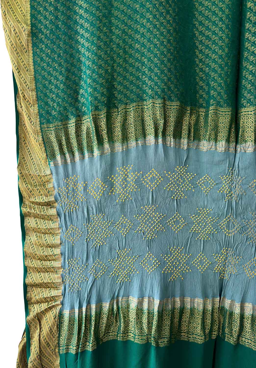 Green Exclusive Pure Mysore Silk Crepe Saree With Hand Bandhej Pallu And Blouse - Luxurion World
