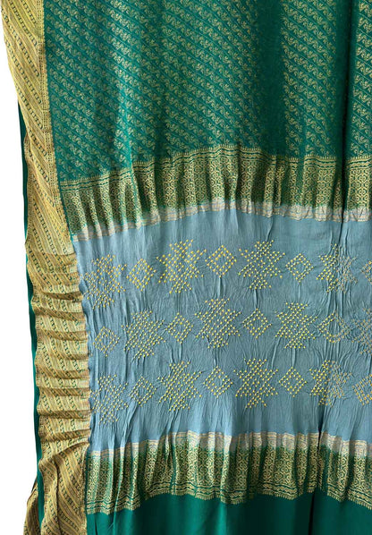 Green Exclusive Pure Mysore Silk Crepe Saree With Hand Bandhej Pallu And Blouse - Luxurion World