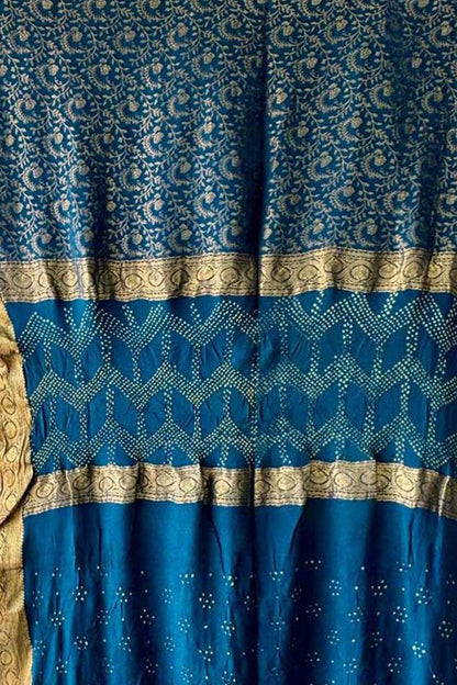 Blue Exclusive Pure Mysore Silk Crepe Saree With Hand Bandhej Pallu And Blouse - Luxurion World