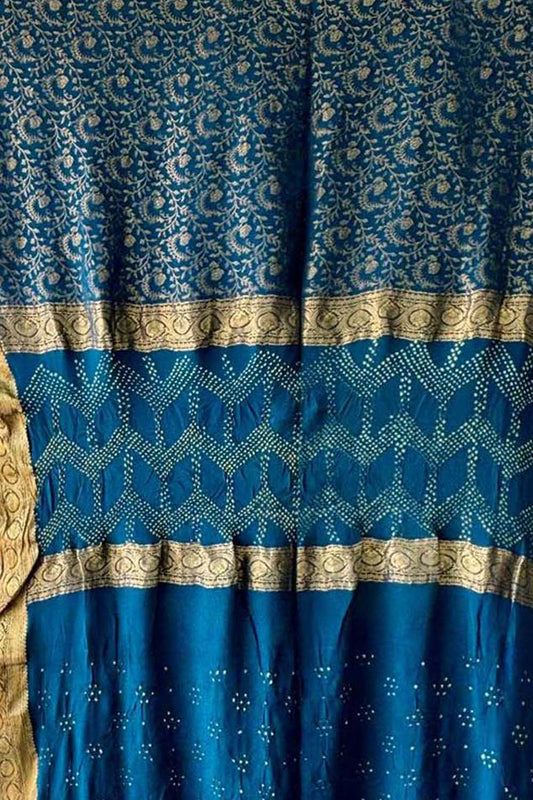 Blue Exclusive Pure Mysore Silk Crepe Saree With Hand Bandhej Pallu And Blouse - Luxurion World