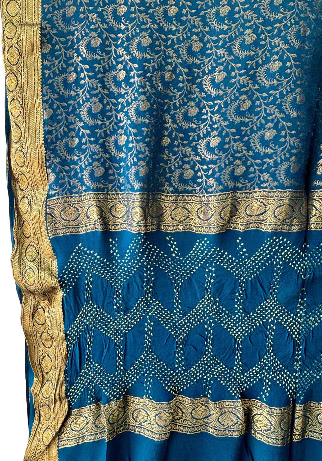 Blue Exclusive Pure Mysore Silk Crepe Saree With Hand Bandhej Pallu And Blouse - Luxurion World