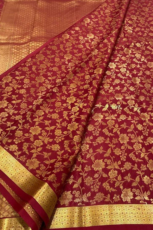 Maroon Mysore Handloom Pure Crepe Silk Flower Design Saree - Luxurion World