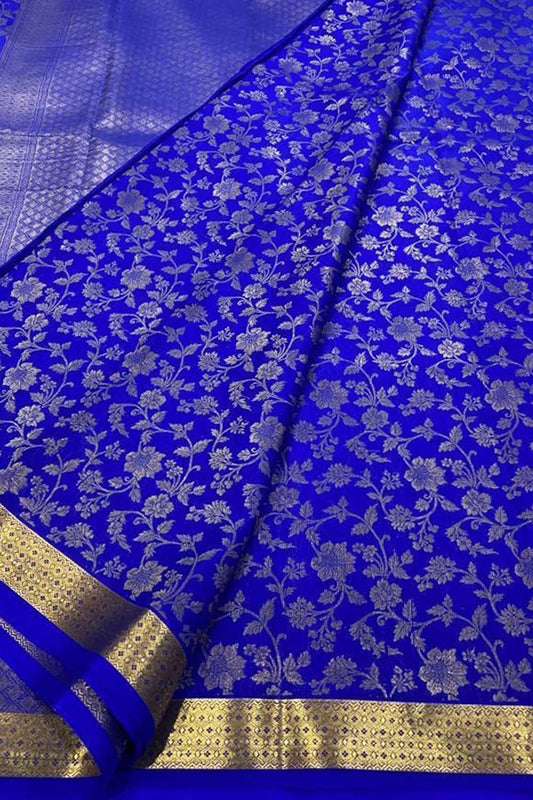 Blue Mysore Handloom Pure Crepe Silk Flower Design Saree