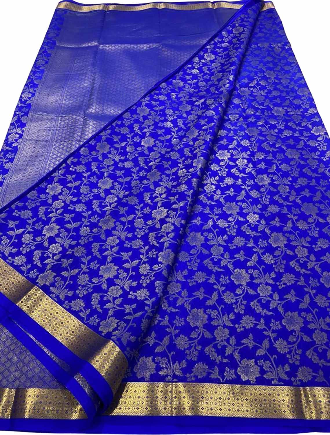 Blue Mysore Handloom Pure Crepe Silk Flower Design Saree - Luxurion World