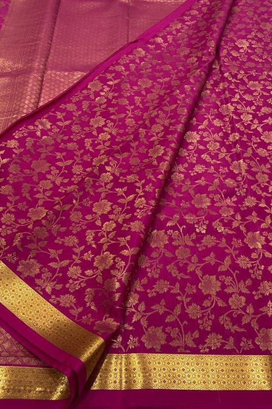 Pink Mysore Handloom Pure Crepe Silk Flower Design Saree