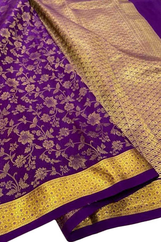 Purple Mysore Handloom Pure Crepe Silk Flower Design Saree