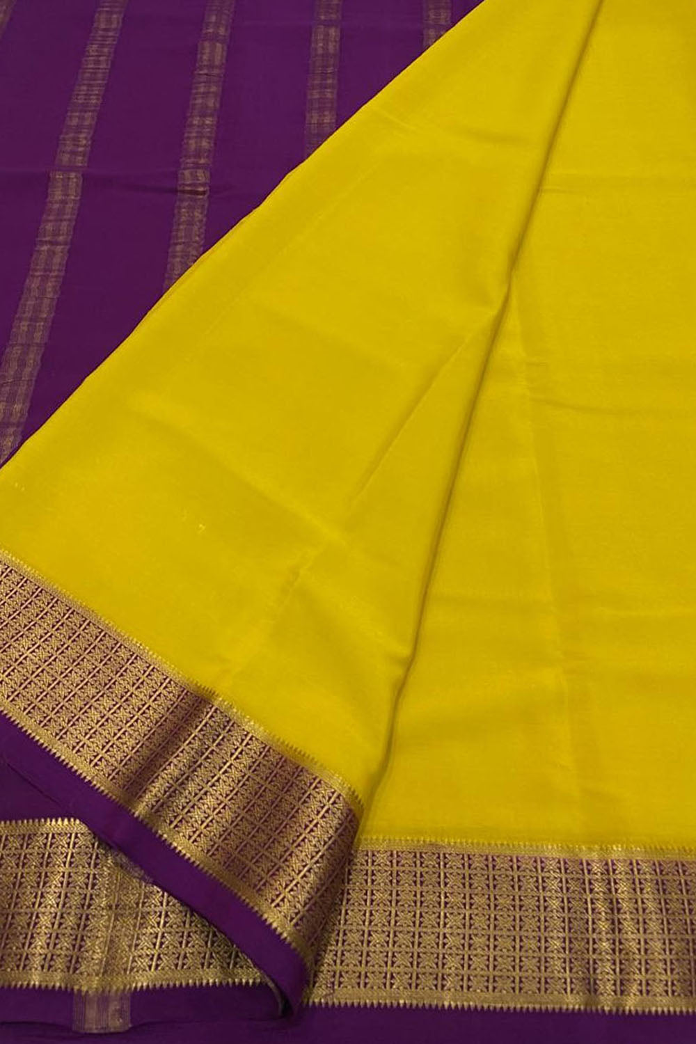 Yellow Mysore Handloom Crepe Silk Saree - Luxurion World