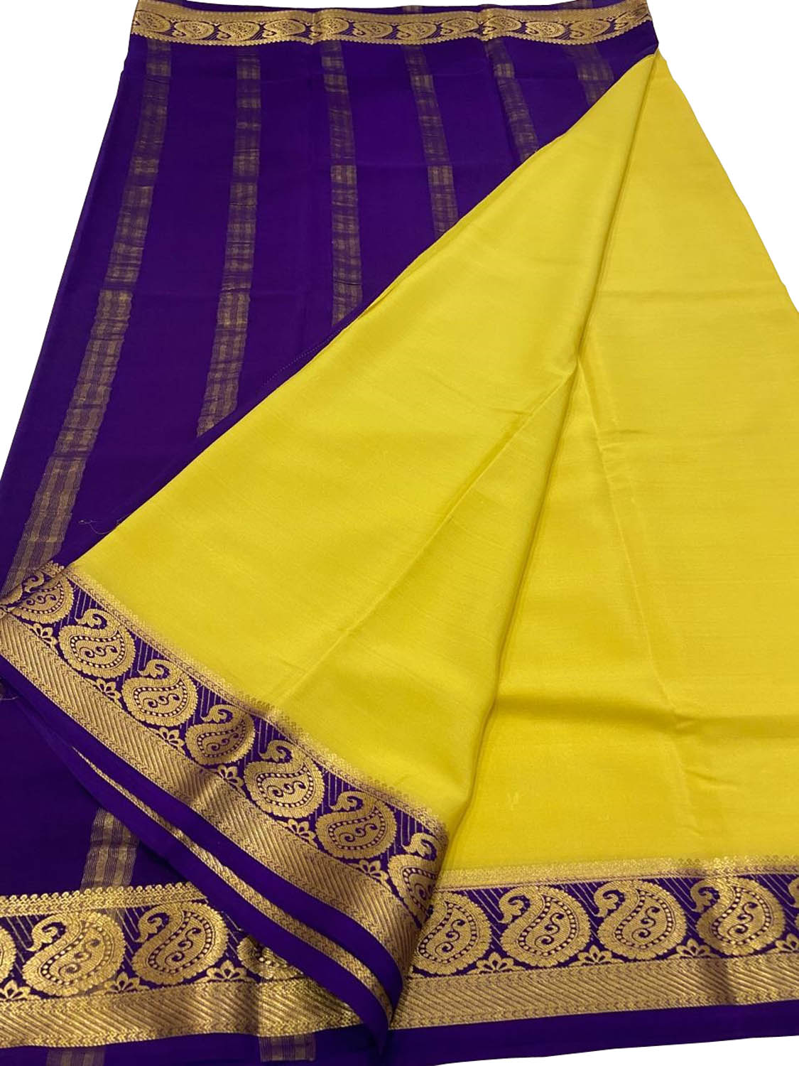 Yellow Mysore Handloom Crepe Silk Saree - Elegant and Luxurious - Luxurion World