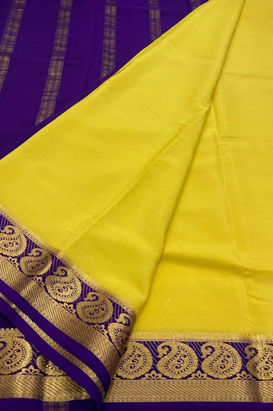 Yellow Mysore Handloom Crepe Silk Saree - Elegant and Luxurious - Luxurion World