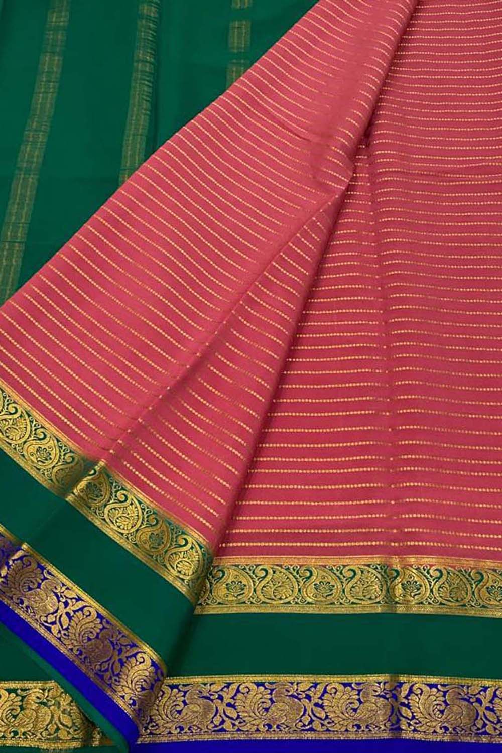 Stunning Pink & Green Mysore Handloom Crepe Silk Saree - Luxurion World