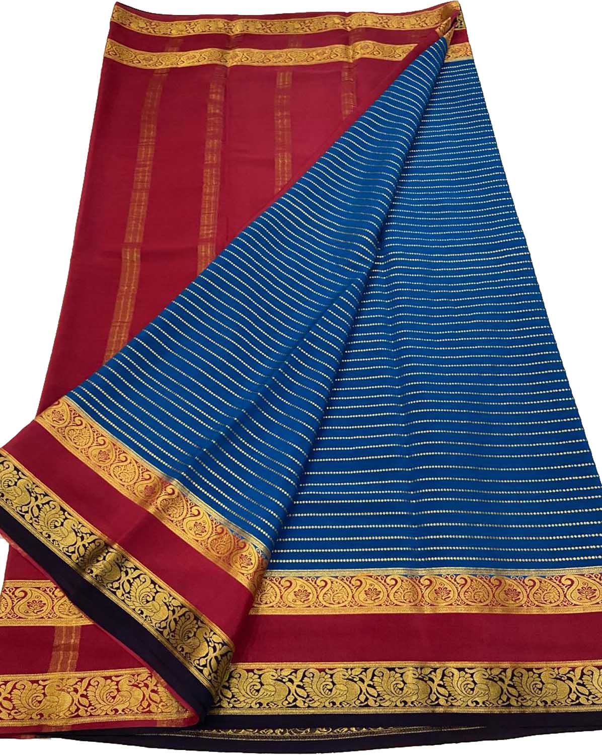 Stunning Blue & Red Mysore Crepe Silk Saree - Luxurion World