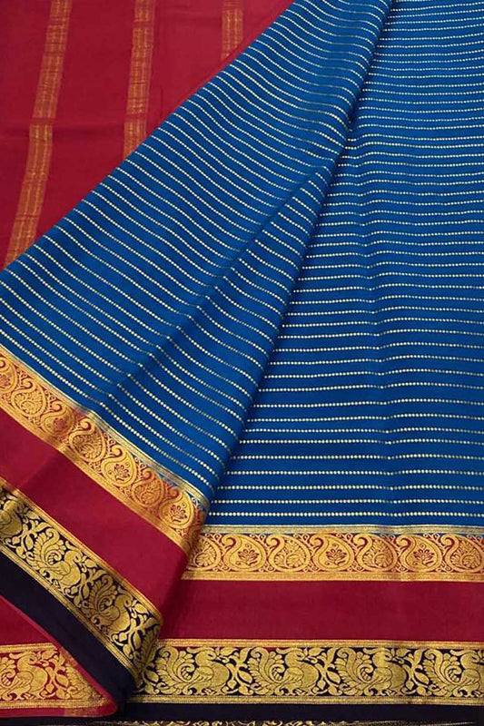 Stunning Blue & Red Mysore Crepe Silk Saree - Luxurion World