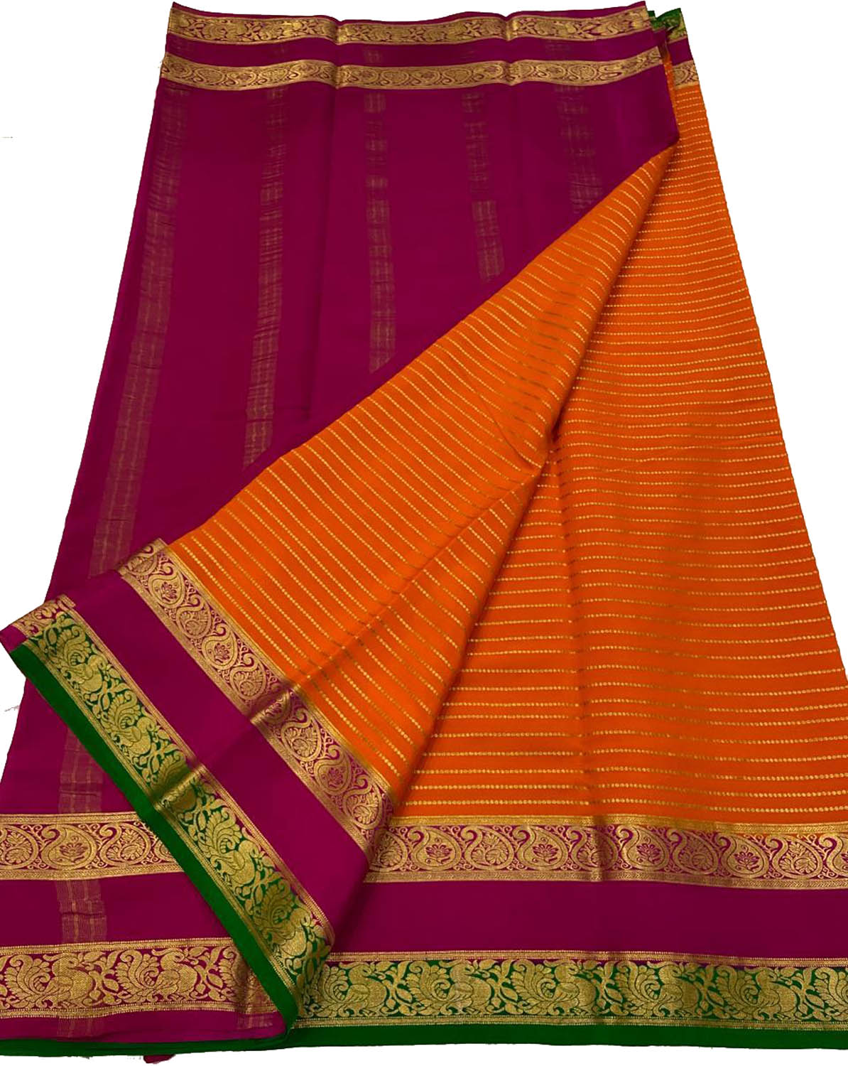Vibrant Orange & Pink Mysore Crepe Silk Saree - Luxurion World
