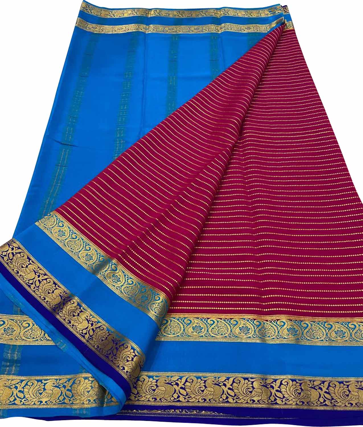 Elegant Pink & Blue Mysore Crepe Silk Saree - Luxurion World