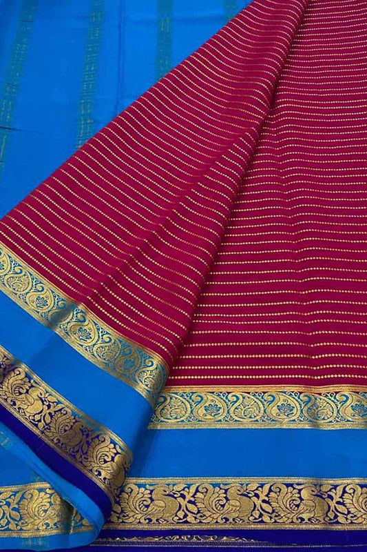Elegant Pink & Blue Mysore Crepe Silk Saree - Luxurion World