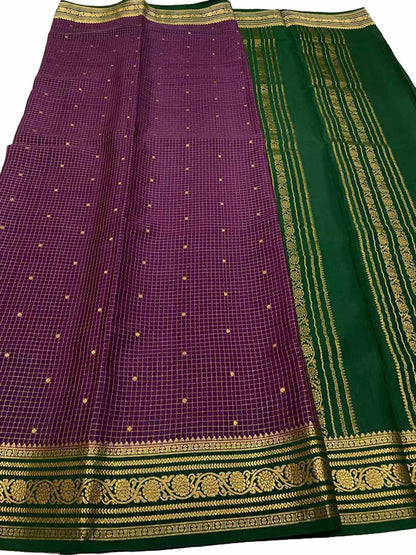 Exquisite Purple & Green Mysore Pure Crepe Silk Saree - Luxurion World