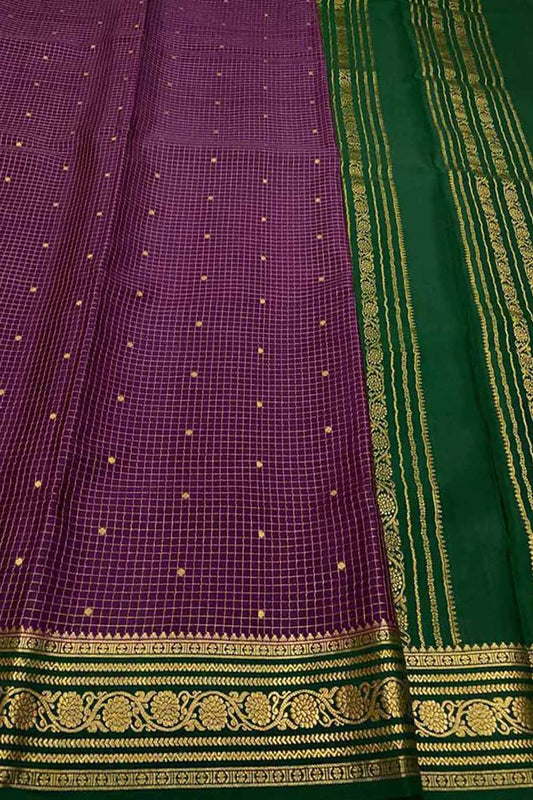 Exquisite Purple & Green Mysore Pure Crepe Silk Saree