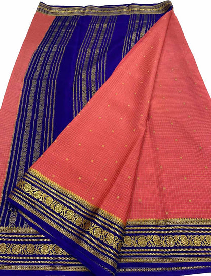Stunning Pink & Blue Mysore Handloom Crepe Silk Saree - Luxurion World