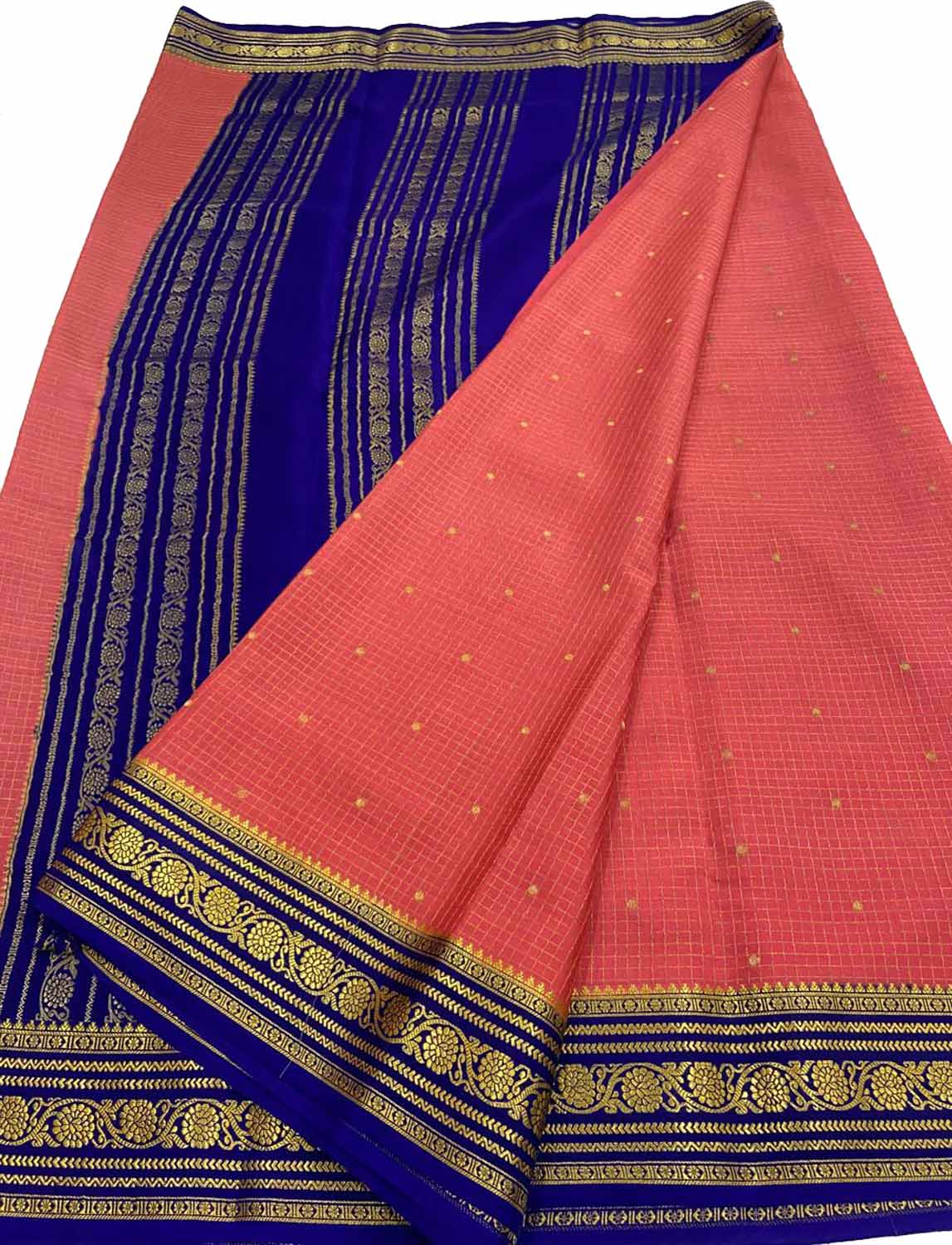 Stunning Pink & Blue Mysore Handloom Crepe Silk Saree - Luxurion World