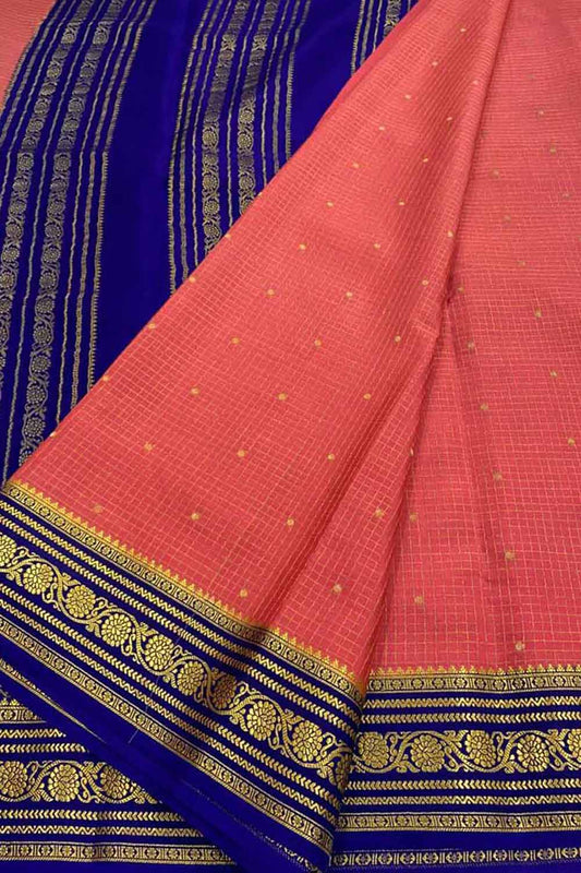 Stunning Pink & Blue Mysore Handloom Crepe Silk Saree