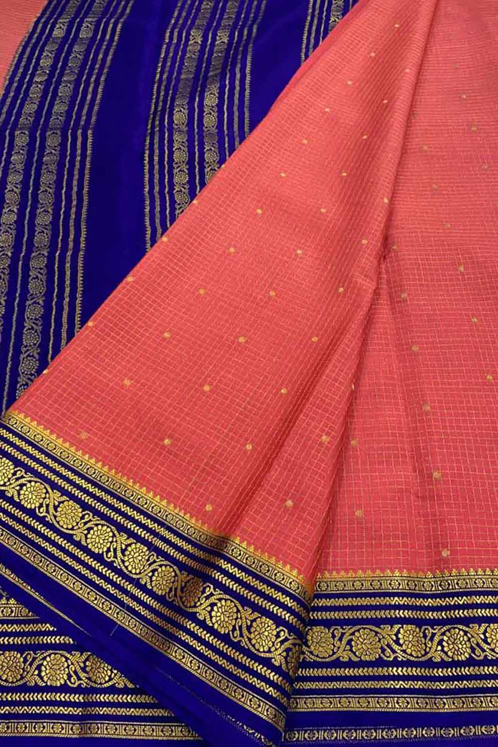 Stunning Pink & Blue Mysore Handloom Crepe Silk Saree - Luxurion World