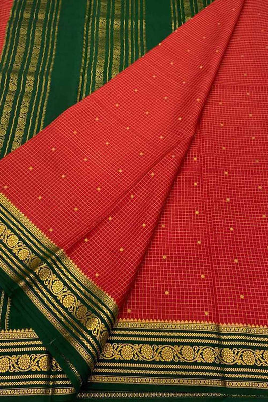Vibrant Red & Green Mysore Handloom Crepe Silk Saree - Luxurion World