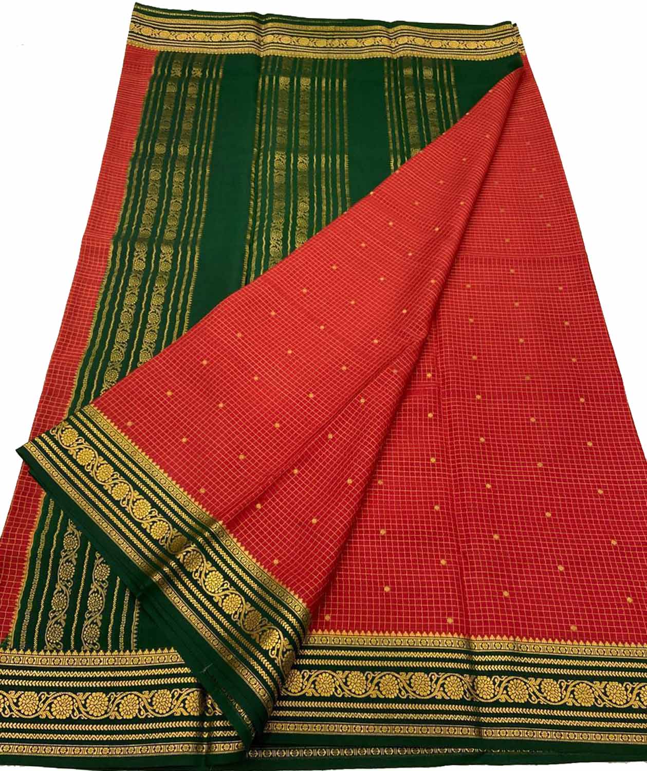 Vibrant Red & Green Mysore Handloom Crepe Silk Saree - Luxurion World