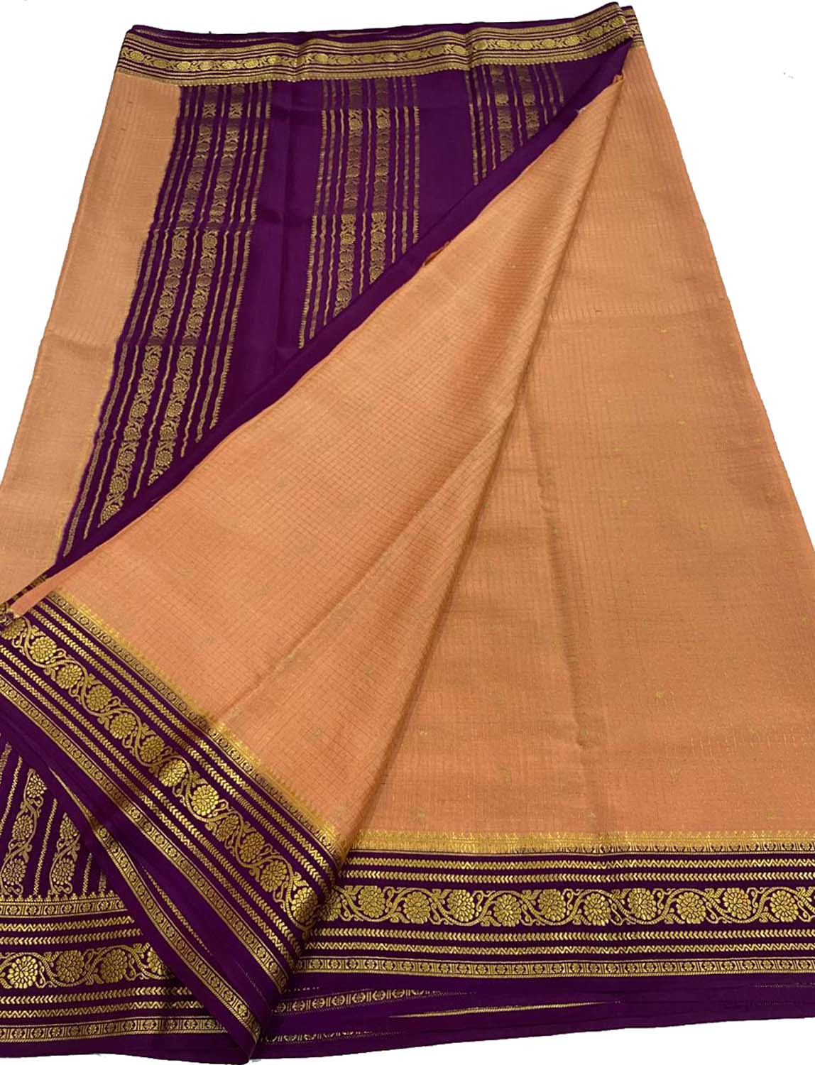 Vibrant Orange & Purple Mysore Handloom Pure Crepe Silk Saree - Luxurion World