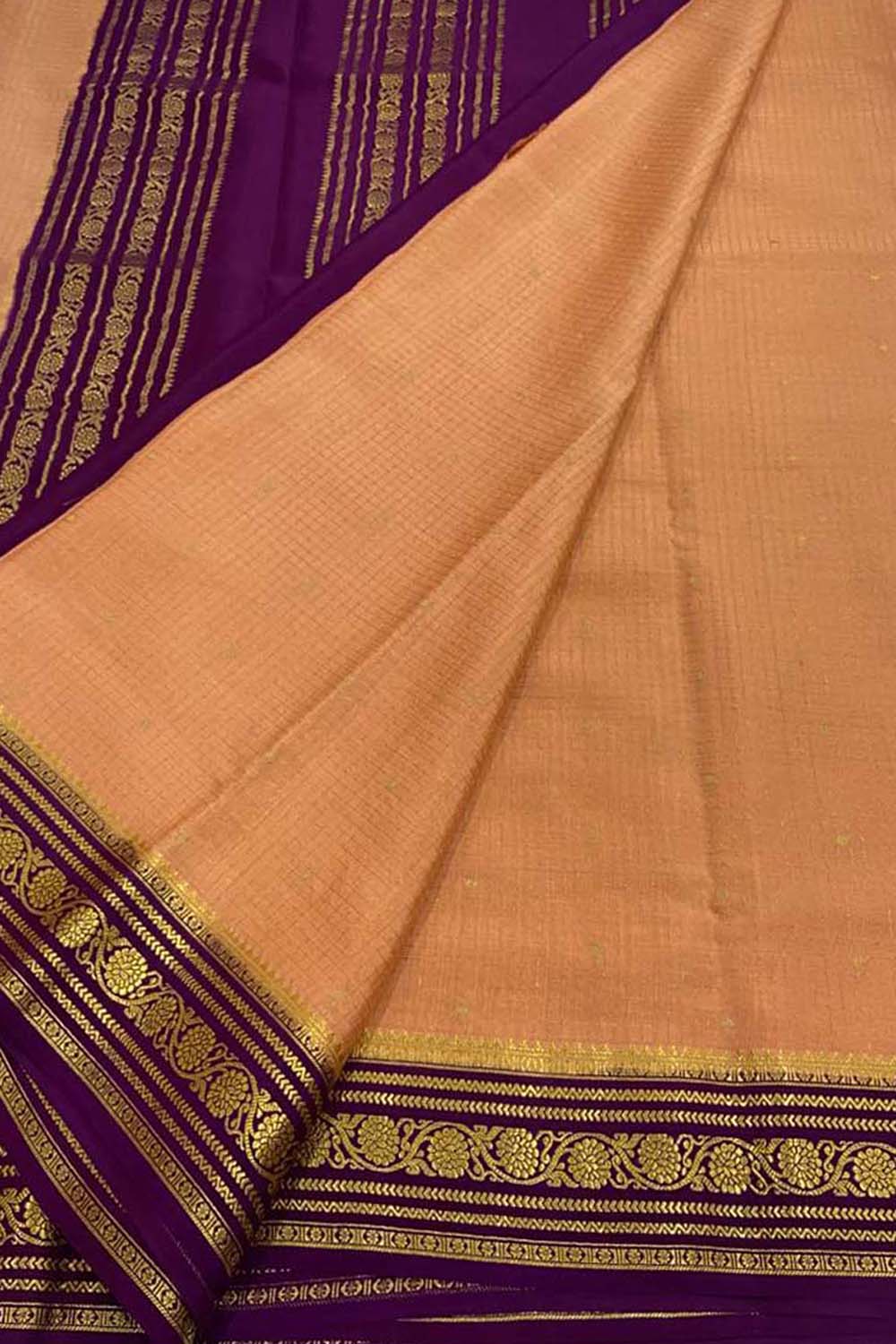 Vibrant Orange & Purple Mysore Handloom Pure Crepe Silk Saree - Luxurion World