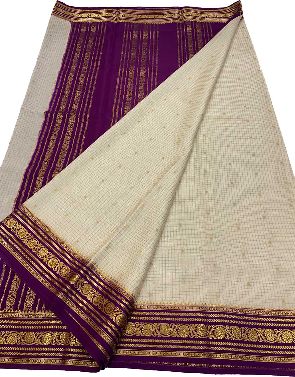 Elegant Off White & Purple Mysore Silk Saree - Luxurion World