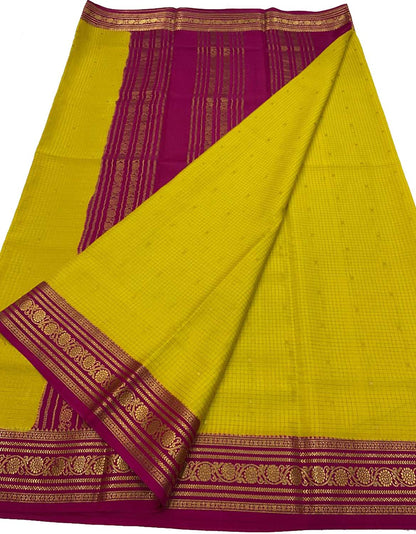 Vibrant Yellow & Pink Mysore Silk Saree - Luxurion World